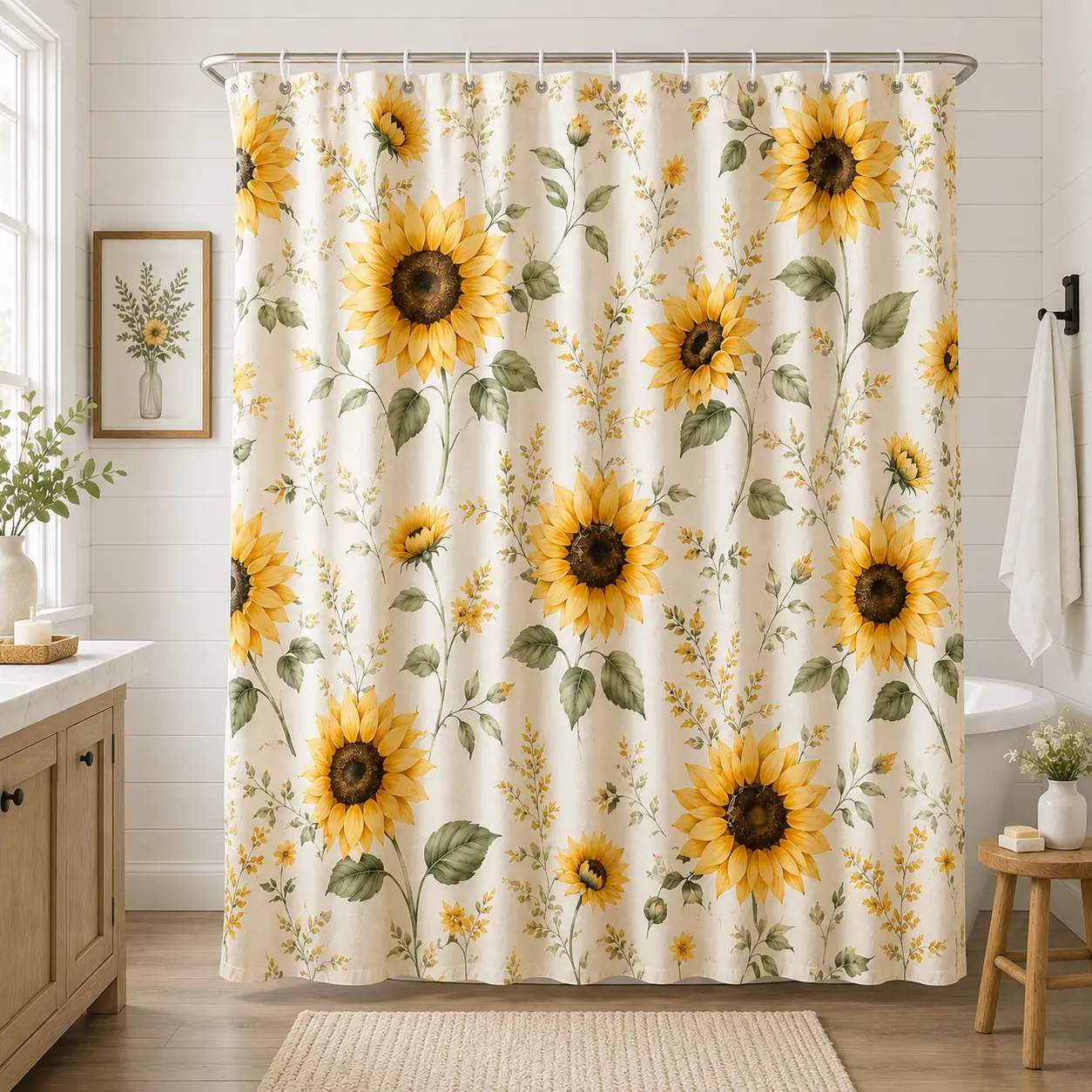 Sunflower Shower Curtain 72 x 72 in, Farmhouse Floral Bath Curtain with 12 Plastic Hooks, Water-Repellent Pongee Fabric, Machine Washable Bathroom Decor