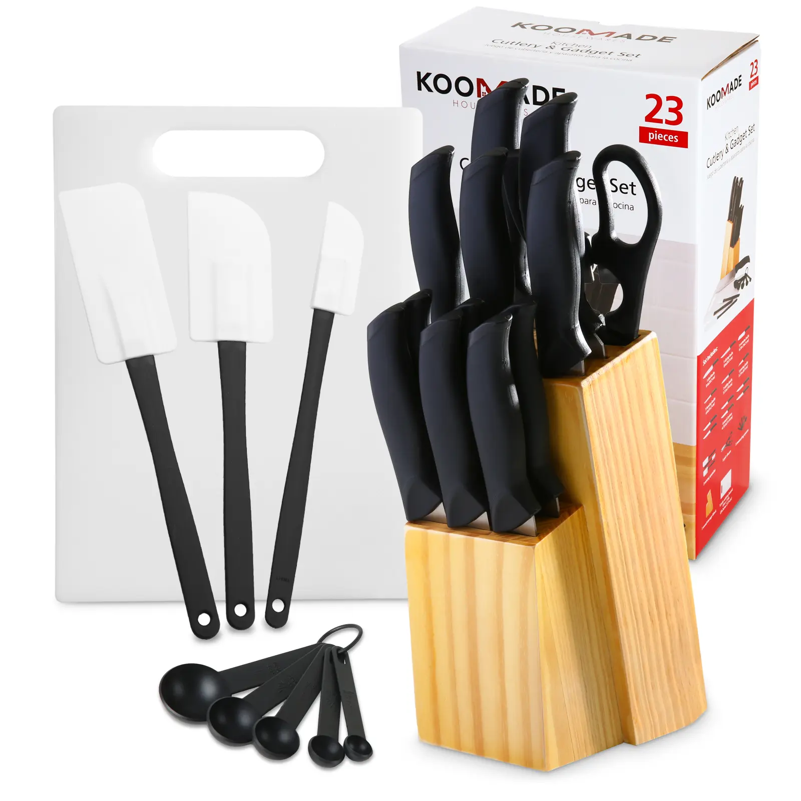 23pcs Durable Stainless Steel Kitchenware Knife Block Set with Wooden Storage Block, Cutting Board, Shears, Ergonomic Multi-Task Blades, Portable Dishwasher-Safe Utensils for Home, RV Use