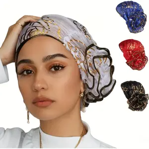 [4pcs Elegant Turban Hats] 4pcs Stretchy Lightweight Elegant Floral Lace Turban Hats for Women |   Polyester Hijab Scarf with Ruffled Edges, 4 Colors for Ramadan, Chemo, Everyday Glamour, Stylish Headwear, Sophisticated Headscarf, Refined Print Design