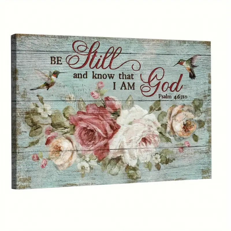 Single-piece wooden framed canvas print, featuring the phrase "Quiet, Know I Am God," decorated with beautiful flowers and hummingbirds. This vintage-style large landscape art is perfect for Livi home decor