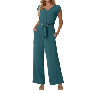 Lepunuo Women Summer 2 Piece Outfits Cap Sleeve V Neck Belted Crop Tops Casual Wide Leg Pants Matching Sets Travel Outfits