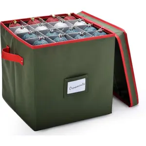 Christmas Ornament Storage - Stores upto 64 Holiday Ornaments, Adjustable Dividers, Two Handles. Storage Box Keeps Holiday Decorations Clean and Dry for Next Season. (Green)