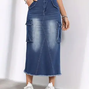 Women's Casual Stretch Mid Rise Long Denim Skirt Women Button Down Mid-Length Streetwear Denim A Line Skirt with Cargo Pocket
