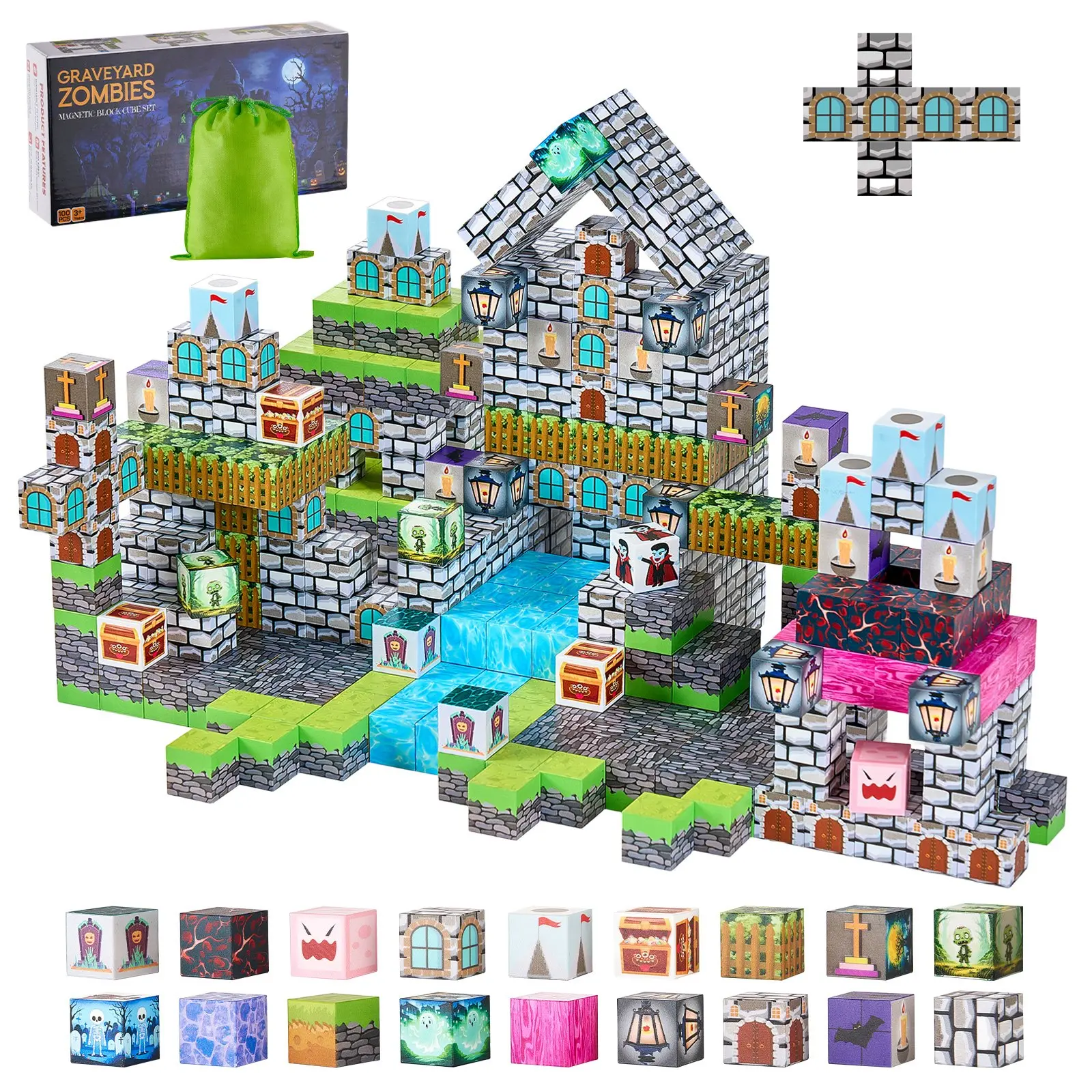 VEVOR Magnetic Blocks, 100 PCS Cemetery Zombies Set, Magnetic Building Cubes for Kids, STEM Montessori Sensory Toys for Christmas Birthday Gift, Construction Stacking Toy for 3+ Years Old Boys Girls