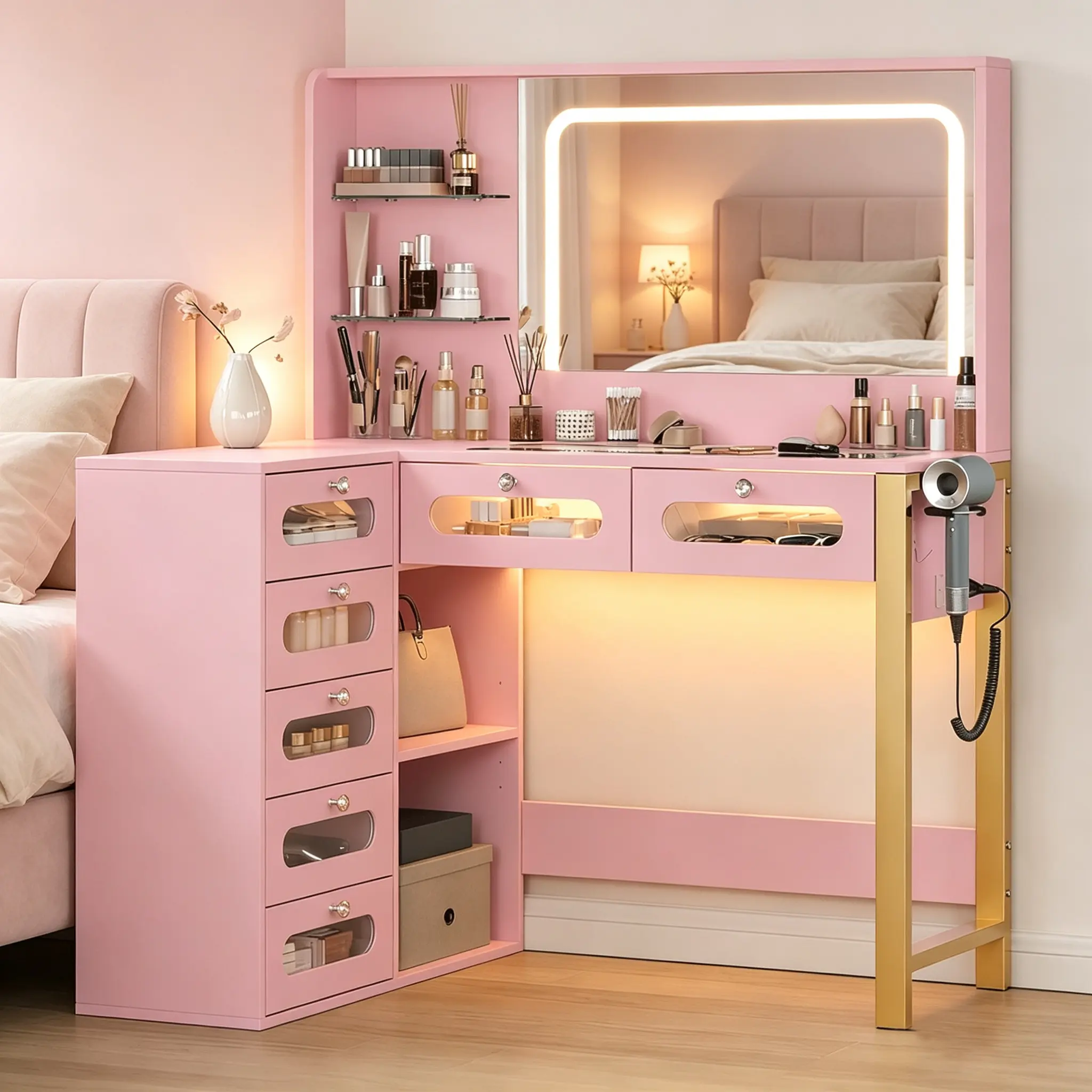 Glass Top Vanity Desk with Mirror and Lights, 7 Drawers Makeup Vanity, 3 Lighting Modes Dressing Table with Power Outlet, White modern corner large storage led-lit