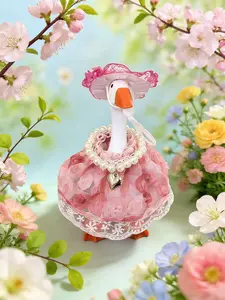 Desk Goose Outfits 7 Inches Handmade Crochet Pink Dress Clothes and Hat for Mini Magnetic Porch Goose Statue, Cute Knitting Geese Decor Accessories for Summer, Birthday