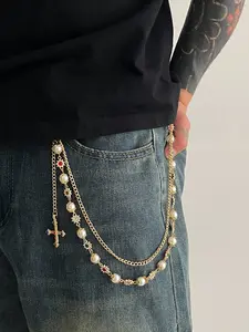 Vintage Colorful Rhinestone Cross Pants Chain, Men's Hip Hop Body Chain for Pants Decoration, Unique Fashion Accessory, Elegant Trendy Chain