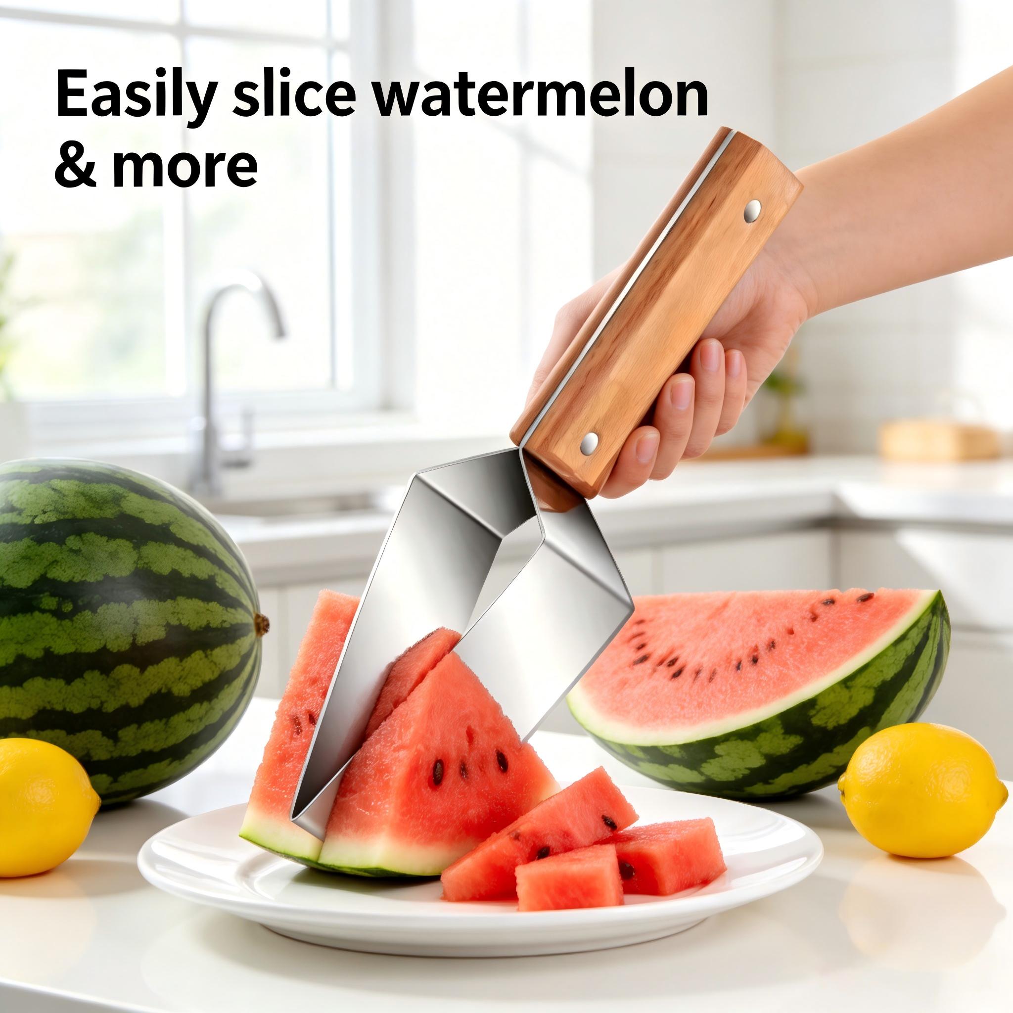Stainless steel watermelon slicer,multi-functional fruit slicer,StainlessSteel Melon Slicer with Wooden Handle,FruitCutting Tool for Watermelon