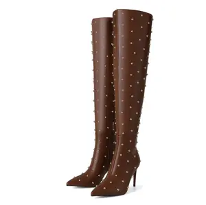 Women Studded Stiletto High Heel Over the Knee Side Zipper Pointed Toe Boots