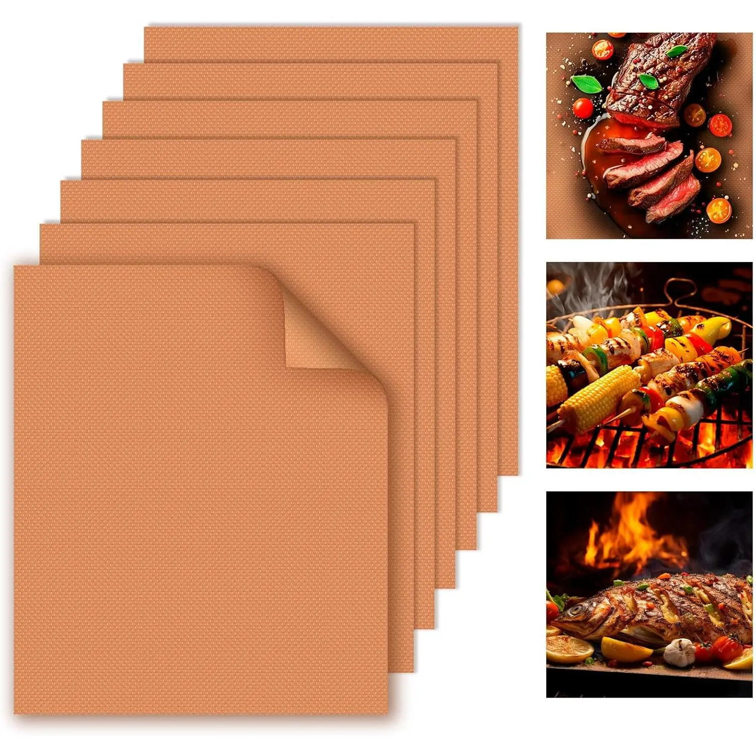 Grill Mats for Outdoor Grill, Copper 7pcs Grill Mat, 100% Non-Stick PFOA Free 15.75 x 13", Heavy Duty, Reusable and Easy to Clean - Gas Charcoal & Electric BBQ