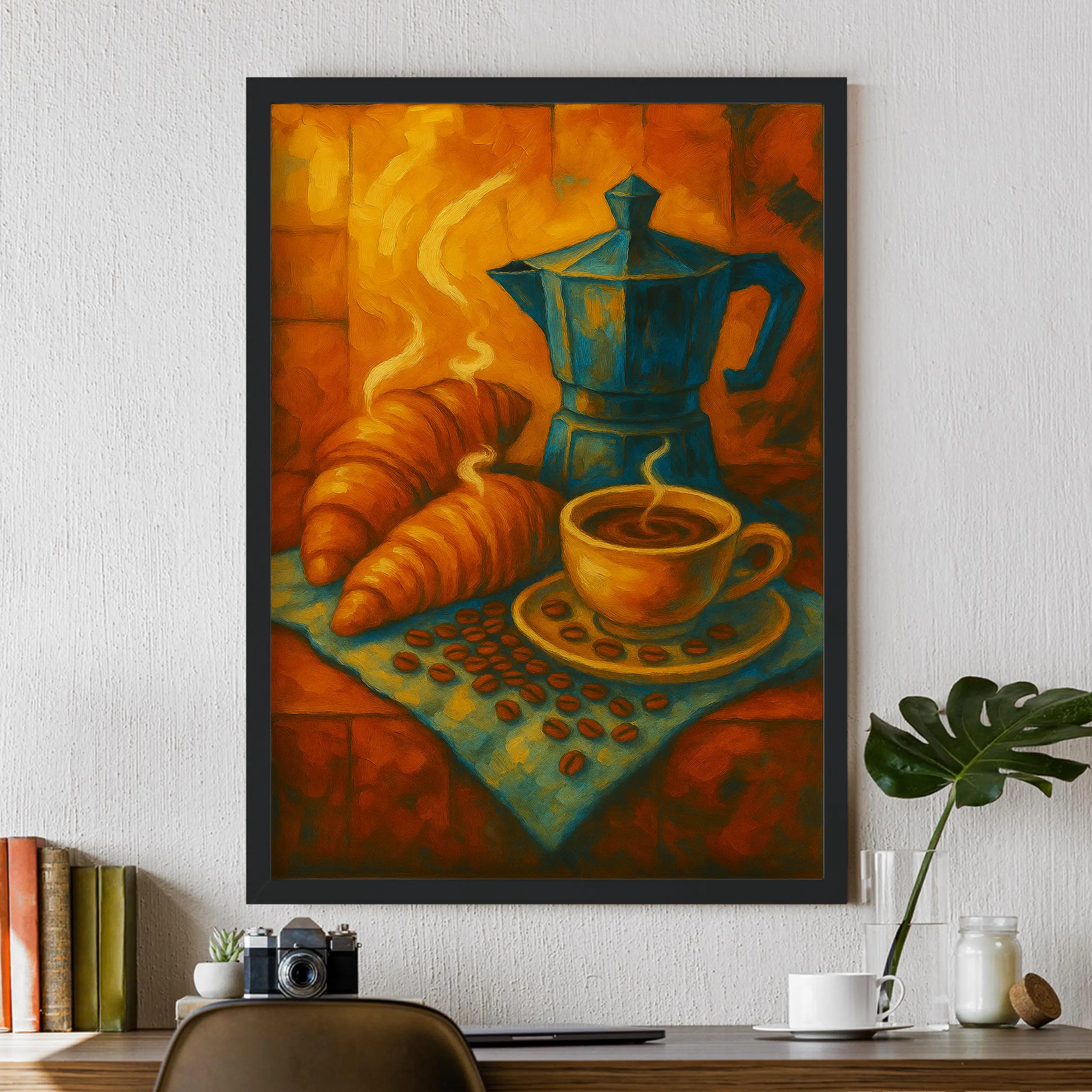 Coffee Poster, Still Life Art, Kitchen Decor, Warm Tones, Croissant, Moka Pot, Cozy, Aesthetic, Gift Idea, Dorm Room, Home Decor, TikTok Shop US
