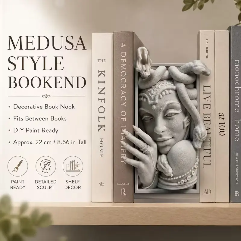 Medusa Bookend Decor, Gothic 3D Printed Decorative Book Insert, DIY Paintable Unfinished Sculpture, 8.66 Inch Shelf Accent for Bookshelf, Office, Library and Home Decor