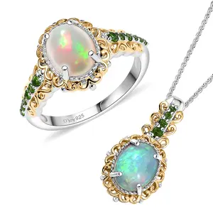 2 Piece Set Premium Welo Opal and Chrome Diopside 2.75 ctw Filigree Ring Size 9 and Pendant Necklace 20 Inches in 18K Vermeil Yellow Gold and Rhodium Over Sterling Silver Christmas Gifts
