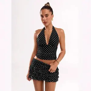 Polka Dot Print Halter Neck Tank Top Ruffled Short Skirt Set