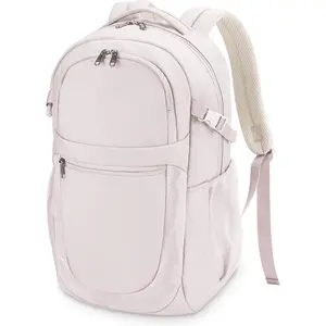 Travel Backpack for Women, 17.3 inch Suspended Laptop Backpack, Fashion Slim Water-Resistant College Computer Bookbag, 28L Personal Item Bag with 12 Pockets for Causal, Work, Beige