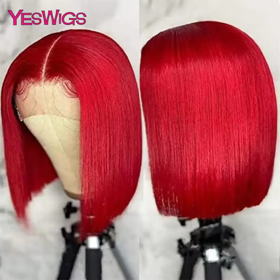 Red Straight Short Bob Wigs Human Hair For Women 13x4 Lace Front Wig Pre Plucked Red Bob Wigs density 180