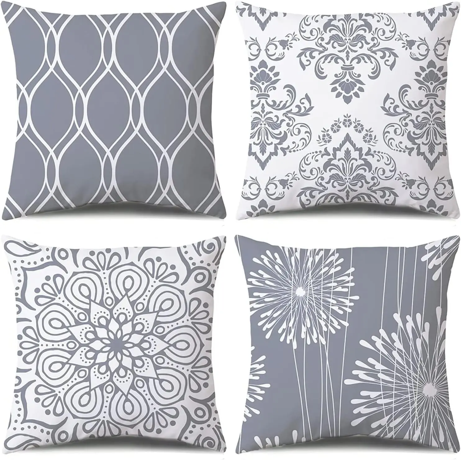 4Pcs 18" x18" Decorative Throw Pillow Covers, Grey and White Modern Simple Square Pillow Case Cushion Cover for Sofa Couch Farmhouse Outdoor Living Room (Excluding pillow insert)