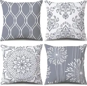 4Pcs 18" x18" Decorative Throw Pillow Covers, Grey and White Modern Simple Square Pillow Case Cushion Cover for Sofa Couch Farmhouse Outdoor Living Room (Excluding pillow insert)