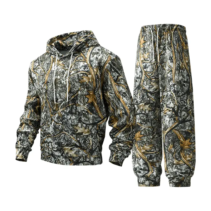Menswear Men's 2-Piece Camouflage Print Hooded Sweatshirt & Long Pants Set - Retro Casual Outfit with Drawstring Elastic Waistband, Suitable for Everyday Wear, Camping