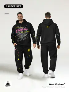 Streetwear Spider Web Star Letter Print 「2-Piece Set」 Loose Hoodie + Fleece Pants, Casual Warm Breathable, Unisex Fashion