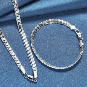 New 925 Silver Plated 2 Pieces Full Sideways Chain Necklace Bracelet For Women Men Fashion Jewelry Sets Wedding Gift