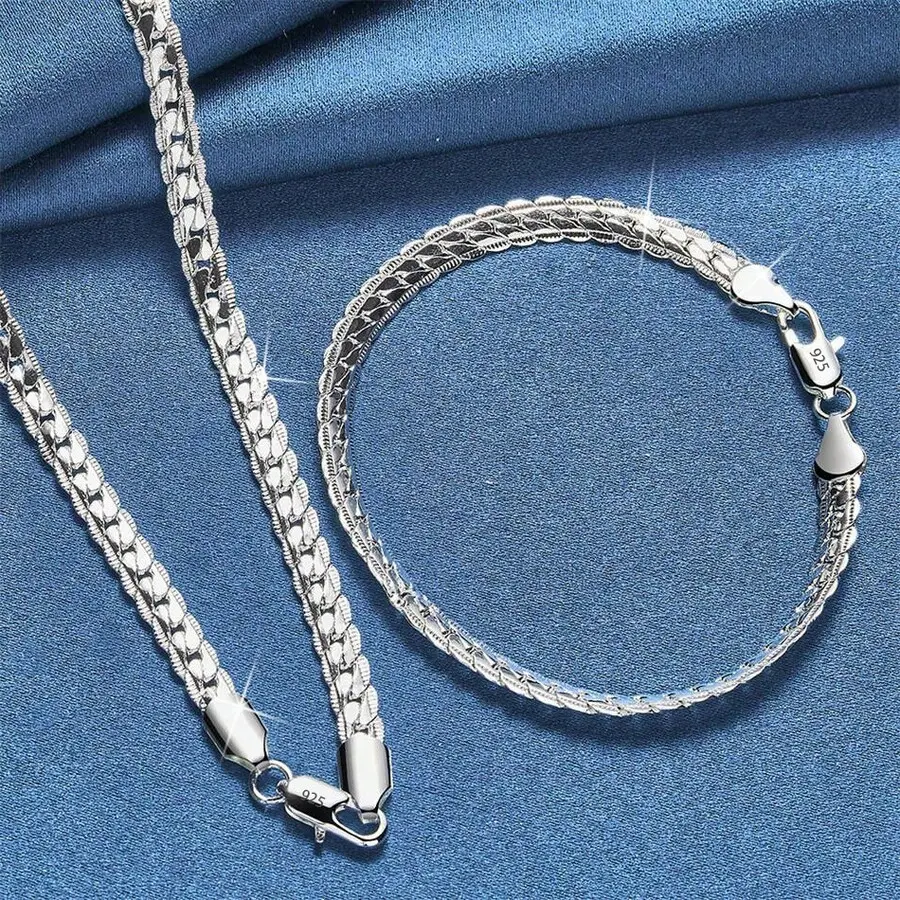 New 925 Silver Plated 2 Pieces Full Sideways Chain Necklace Bracelet For Women Men Fashion Jewelry Sets Wedding Gift, Mens Gifts, Daily Wear Accessory Set Accessories Set