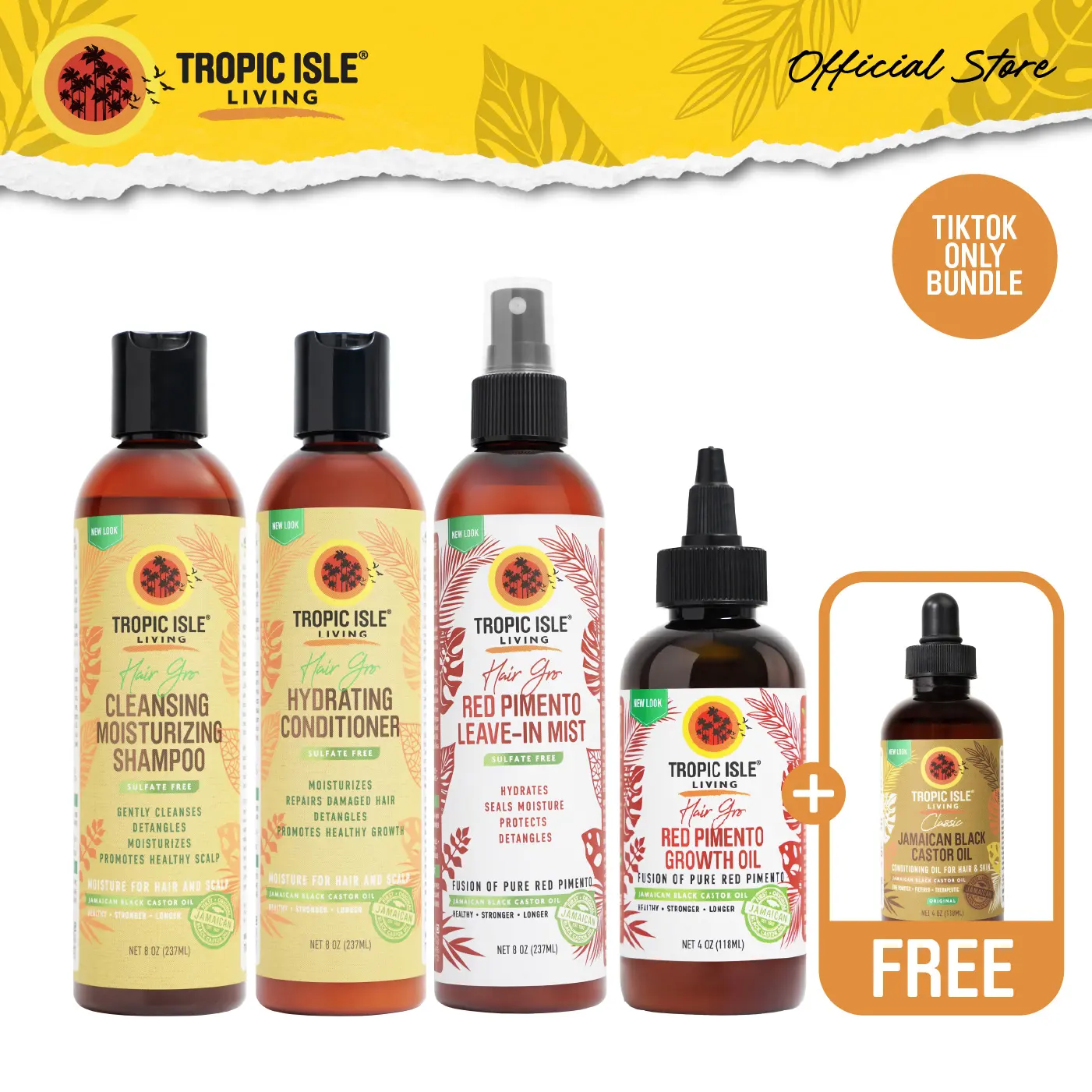 TROPIC ISLE LIVING Strong Roots Growth System 5-Piece Anti-Hair Loss Haircare Kit - Jamaican Black Castor Oil Shampoo, Conditioner, Lightweight Lemongrass Moisturizer for Afro Hair Daily Strengthening, Cleansing, Hydrating Thinning Edges