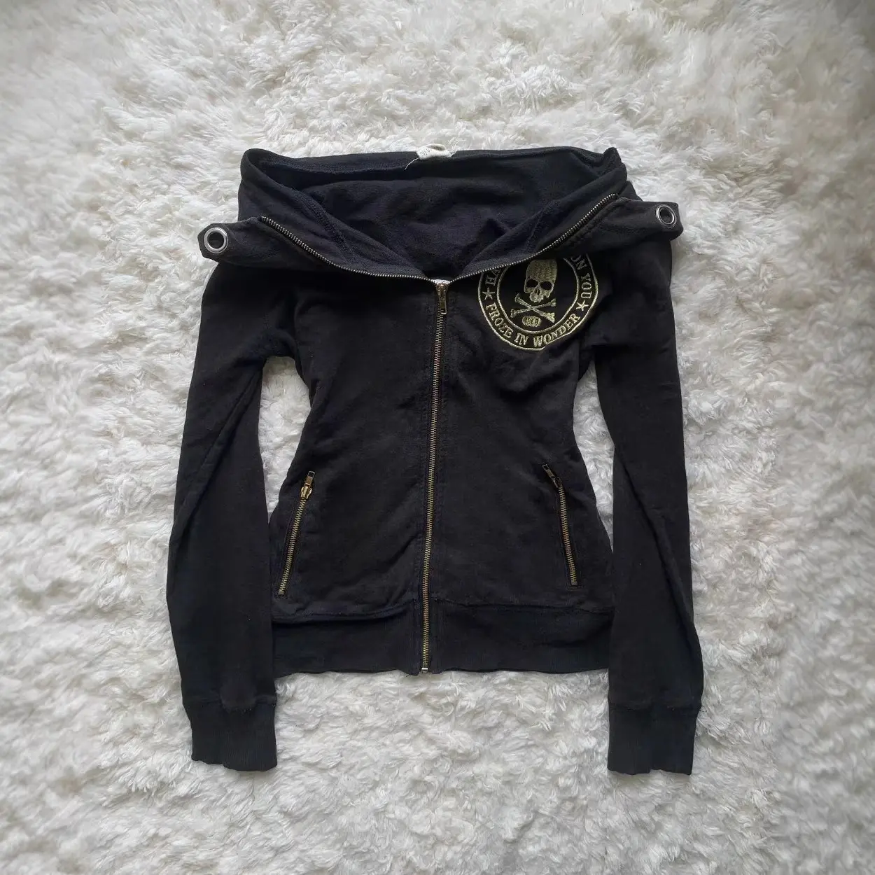 Women's Black Skull & Bones Zip-Up hooded Sweatshirt Coat with Pockets, Y2K gothic slim fit Jacket