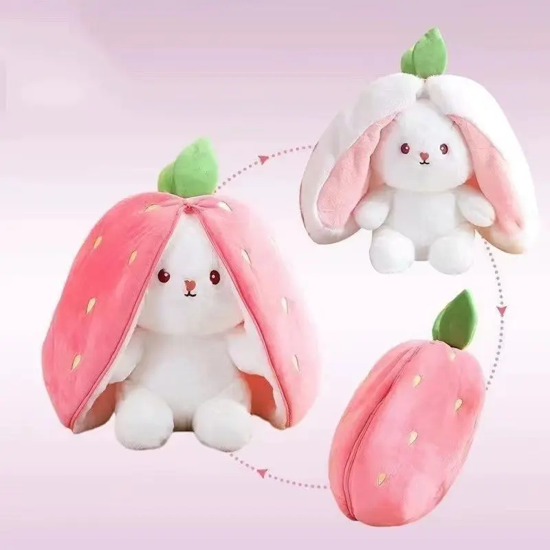 Cute Strawberry Dual-Faced Plush Toy, Zipper Soft Rabbit Pillow 10.2 Inches, Easter Gift for Kids and Adults, Hugging Soft Toy, Kawaii Stuffed Animal, Stuffed Animal Bunny, Rabbit Doll