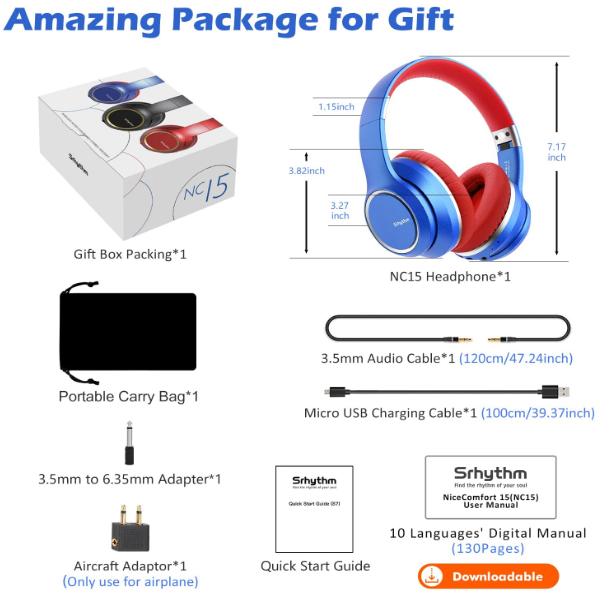 NC15 Noise Cancelling Headphones Bluetooth Over-Ear Headset with Mic for Teens, Adults Online Class/Home Office/TV/PC/Phone