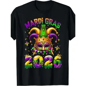 Men's women Mardi Gras 2026 Jester Costume T-Shirt - Happy Carnival Party Outfit with Jester Hat Design (Compatible with Jester Hats), Casual Round Neck Tee for Parades, Masquerade Balls & Themed Events - Machine Washable