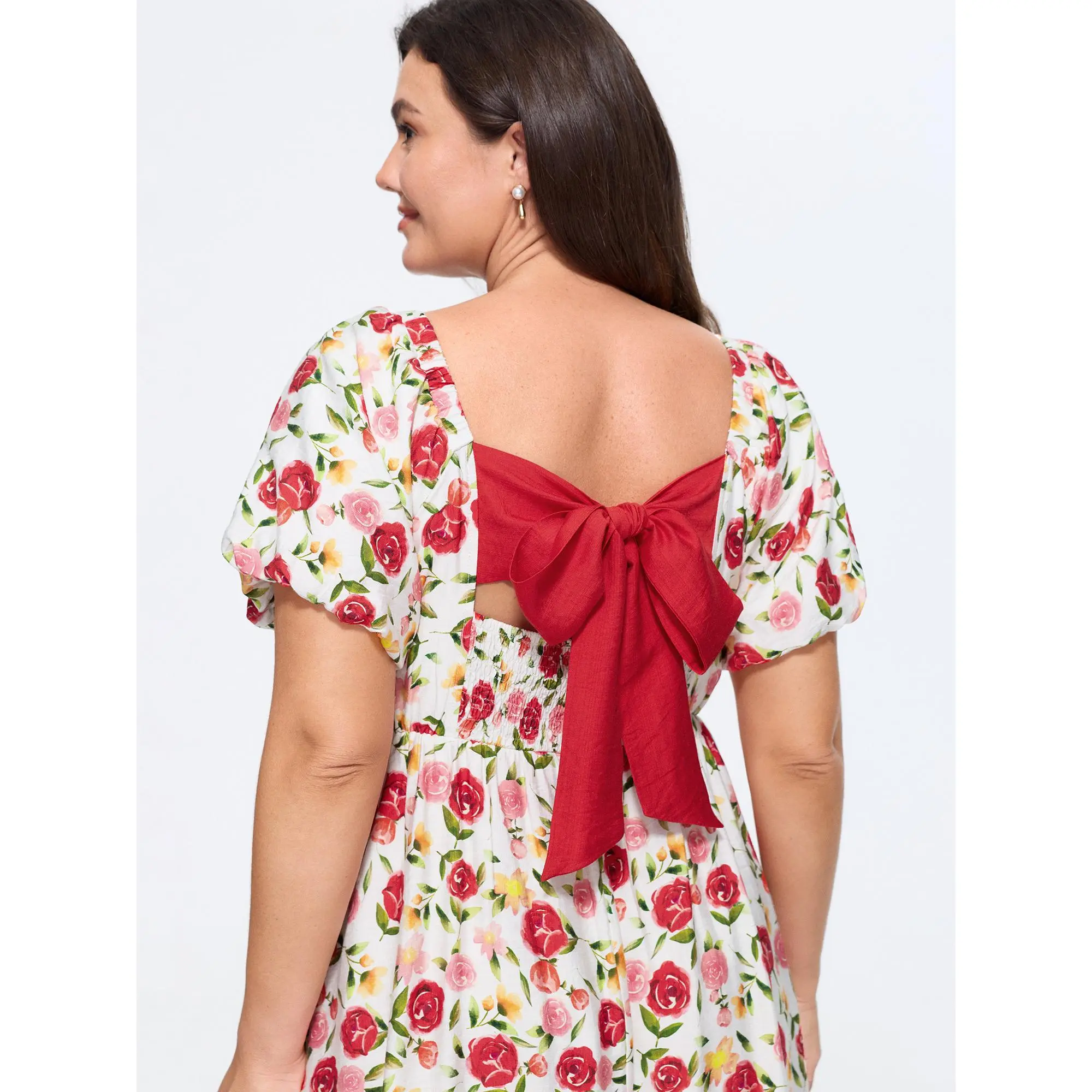BLOOMCHIC Women's Plus Size Short-Sleeve Floral Print Back Bow Detail Casual Fabric Midi Dress [M-6X] 2026 Summer Finds, Fit, Polyester, Pocket, Smocked, Smooth, Garment