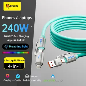 4 in 1 Liquid Silicone Data Cable - CarPlay for vehicles&Android Auto -  Apple & Android - Phones｜Tablets｜Laptops - Fast Charging Data Sync for IPhone 17 with USB A, Type C, and Lightning