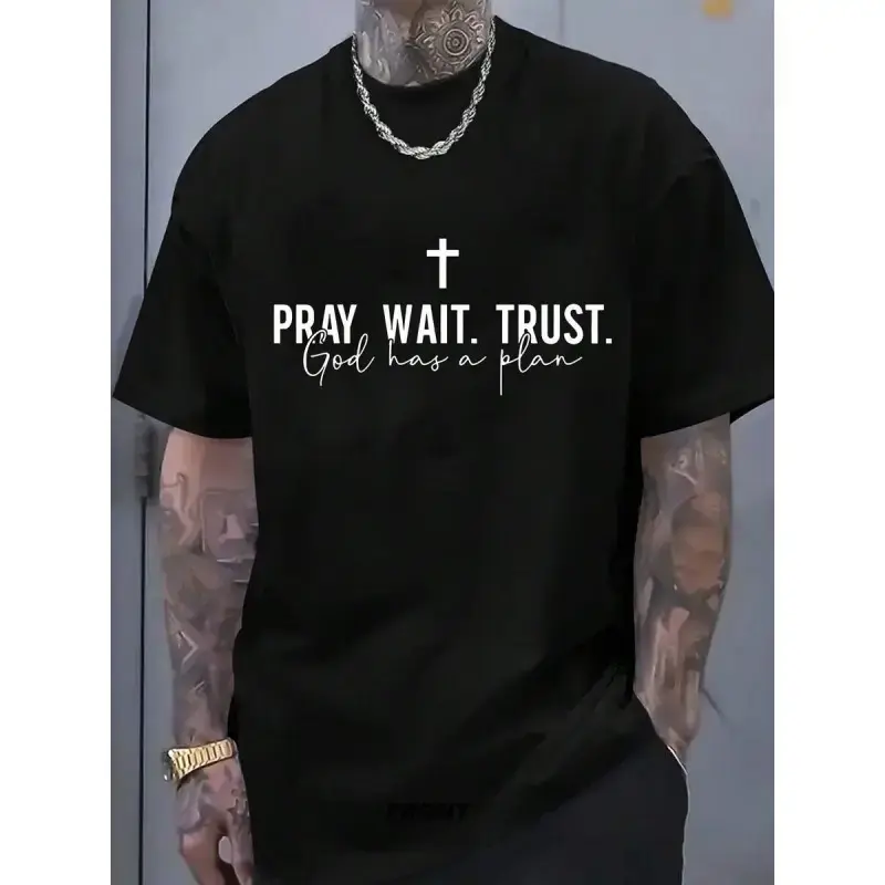 Men's Plus Size Round Neck Shortsleeve Menswear T-Shirt - Soft Cotton Fabric, Casual "Pray Wait Trust" Religious Graphic Print for Church, Day Wear