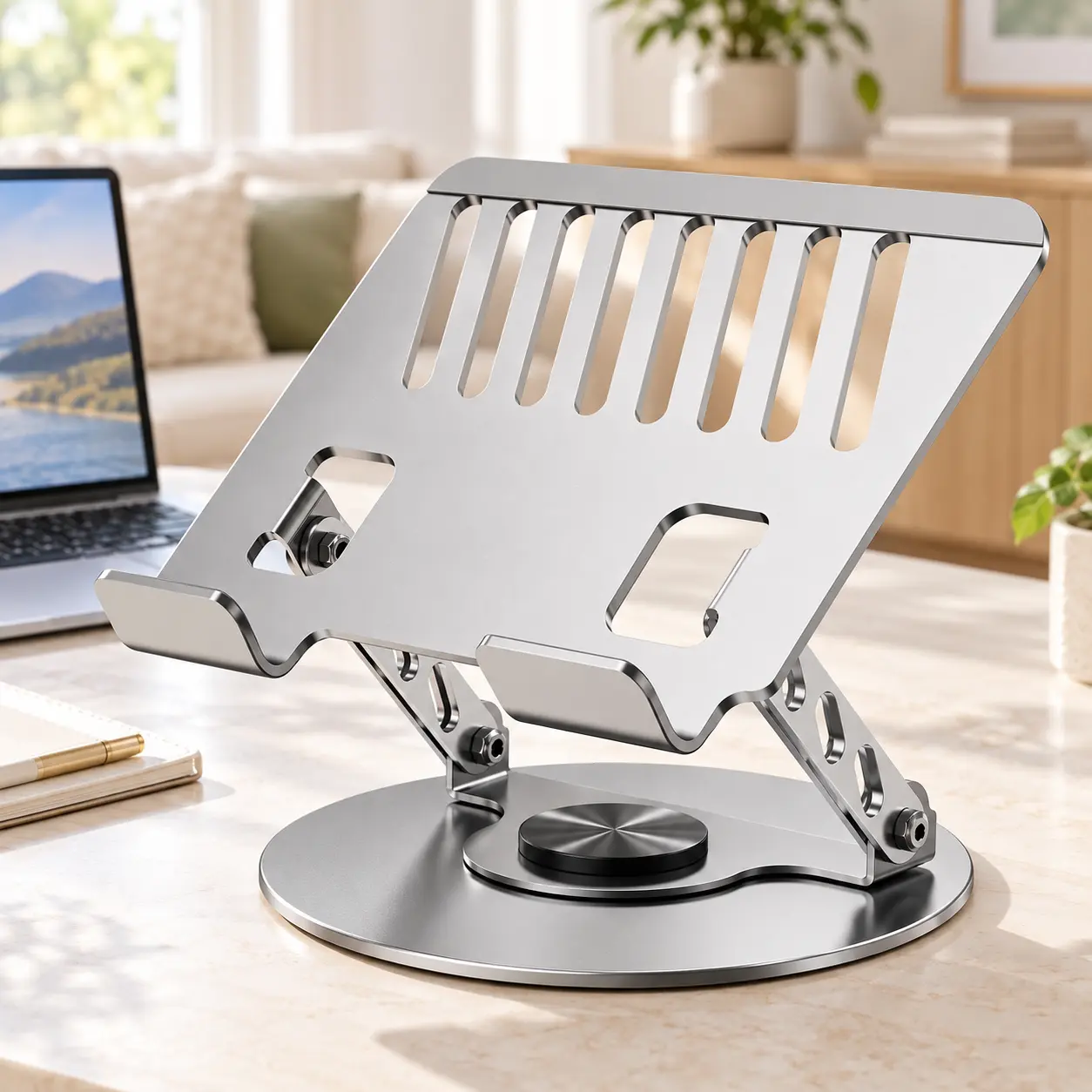 Ergonomic Aluminium Laptop Stand - Height-Adjustable, Heavy-Duty Carbon Steel 360° Rotation Foldable Desk Riser with Cooling Vent Grid, Supports 22 lbs & 17-in Laptops, Home/Travel Work Desk Accessories
