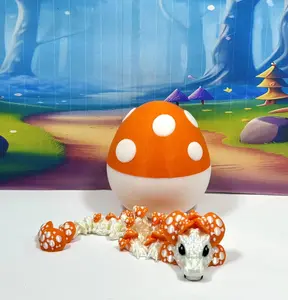 3D Printed Dragon and Egg, Articulated White and Orange Mushroom Baby Dragon, 6 Inches Fidget ADHD Autism Toy, Stress Relief Toy