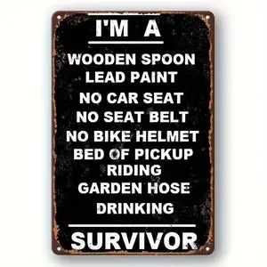 Vintage "Survivor" Metal Tin Sign - Frameless Black Retro Wall Art Suitable for Man Cave, Bar, Garage, Farmhouse - Heavy-Duty Multipurpose Decor for Themed Parties