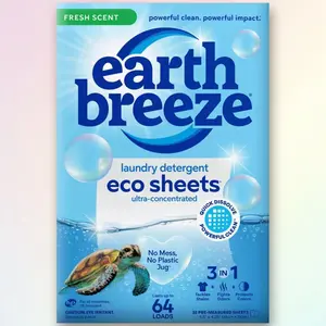 Earth Breeze Laundry Detergent Sheets Fresh Scent 32ct - Eco-Friendly Concentrated Laundry Sheets, 64 Loads, Plastic-Free, Travel-Friendly, Vegan, Fresh Scent