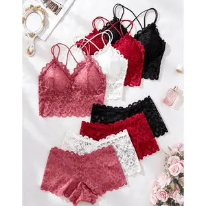 White+black+rose+red 4Colors Comfortable Fashionable Casual Floral Lace Wireless Women'S High Quality Underwear Set Beautiful Back Bra Set Panties And Cross Suspender Vest
