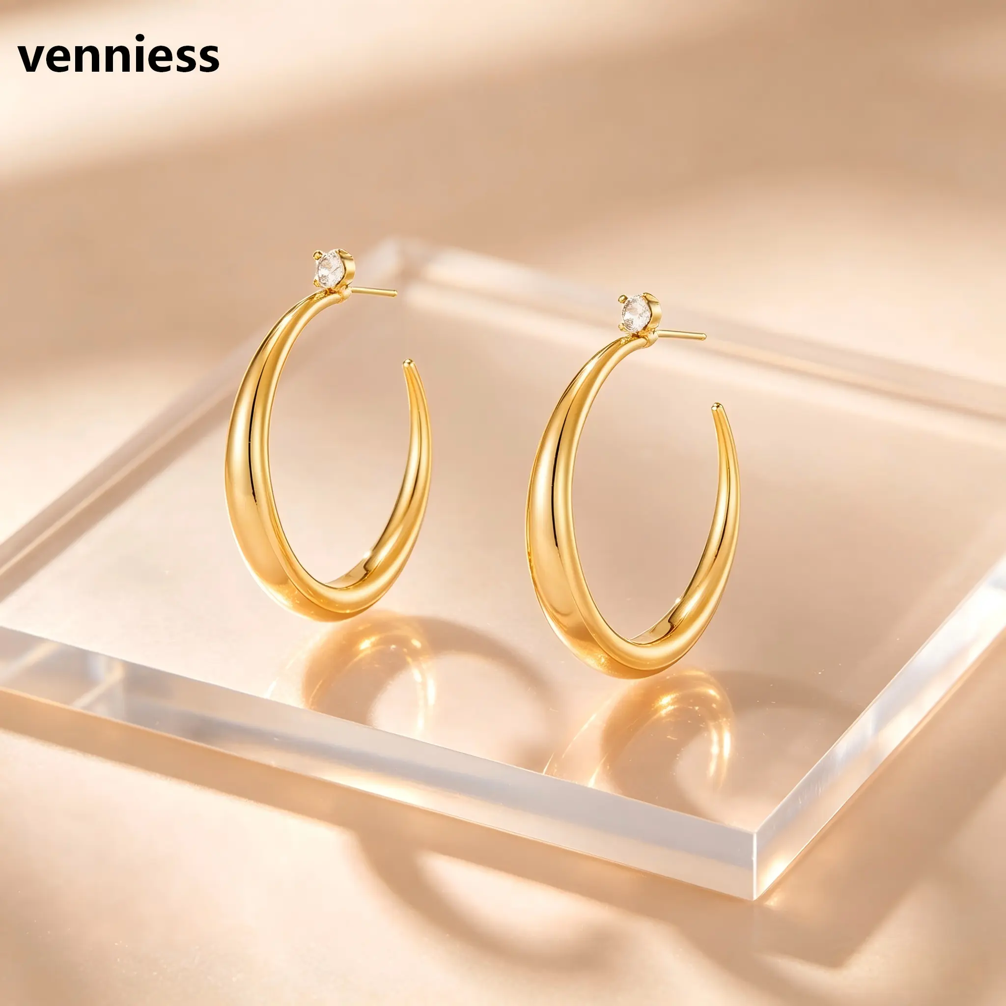 moissanite jewelry Women's 1.2inch Diamond-Accented C-Hoop Earrings, 14K Gold/Silver Plated Hypoallergenic Brass Hoops, Tarnish-Resistant Everyday Statement Costume Jewelry