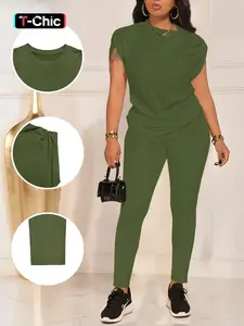 Summer Round Neck Short Sleeve T-Shirt and Long Pants Set, Comfortable Casual Basic for Women, Womenswear, Essential Summer Wardrobe, Outfit