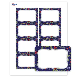 Avery® Printable Adhesive Name Badges, Rectangle, 2-1/3" x 3-3/8", Pre-Printed Navy Border with Silver Metallic Frame Design, Matte White, Laser & Inkjet Compatible, 80 Total