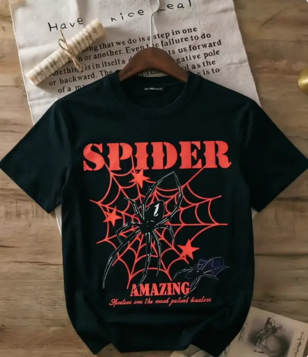 Edgy Dark American Retro Spider Web Star Graphic V Neck Heat Transfer Unisex 100% Cotton Summer Tee Street Style Black T-shirt