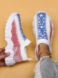 Women's Star Print Slip on Sneakers, Casual Comfortable Breathable Sports Running Shoes, Fashionable Running Shoes, Independence Day Round Toe Shoes for Daily Wear, Sporty Running Shoes