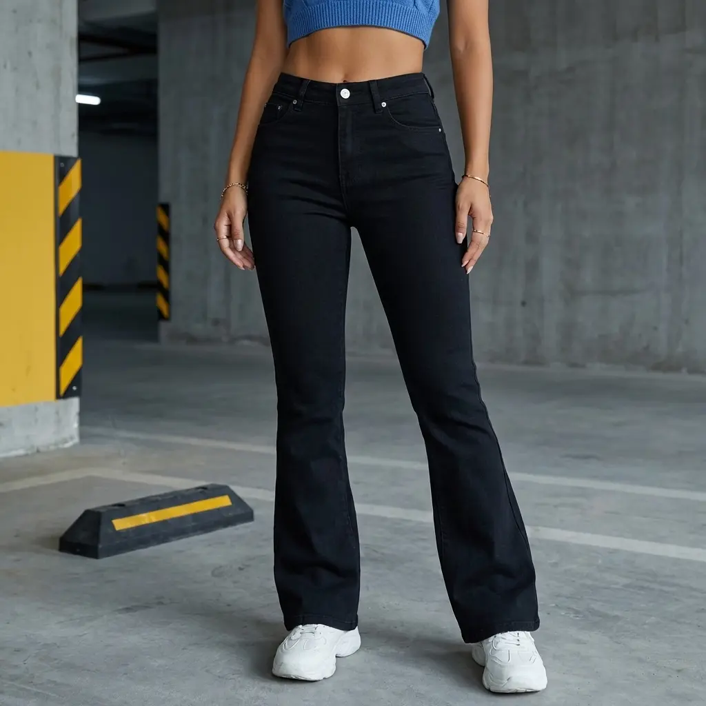 Women's Solid Color Flare Jeans - Vintage High-Waisted Wide Leg Fit in Stretch Cotton Denim for All Seasons, Viscose, Bottom, Minimalist, Elastane, Wide Legs, Machine Wash, Casual, Flared, Japanese, Fabric