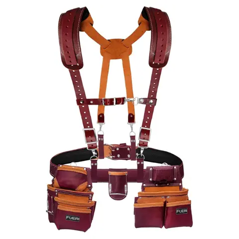 FUERI 19 Pocket Leather Tool Belt with Suspenders,Comes with Padded Belt, Big Pouches, Hammer Holder,Suspender loops and Leather Suspender, Ideal for Construction Workers, Carpenters and Electrician.