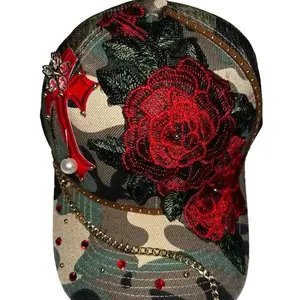 Camo & Roses Embroidered Hat with Red Rose design and Gold Chain Detail