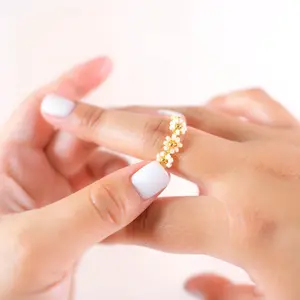 Light Beige Floral Ring, Self Adjustable Gold Plated Flower Ring, Stackable Everyday Wear Ring, Handmade Gift Ideas For Her, Flower Ring