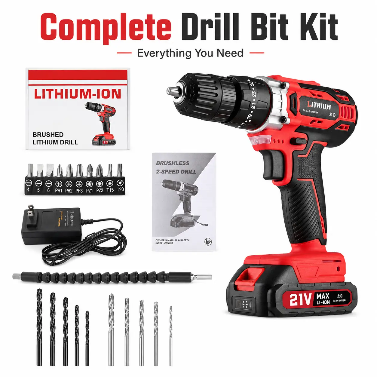 21V Cordless Impact Drill Driver Kit with Battery, Charger, 25+1 Torque Settings, 2-Speed Control, Keyless Chuck, LED Light, Drill Bits and Flexible Shaft for Home DIY, Furniture Assembly and Repair