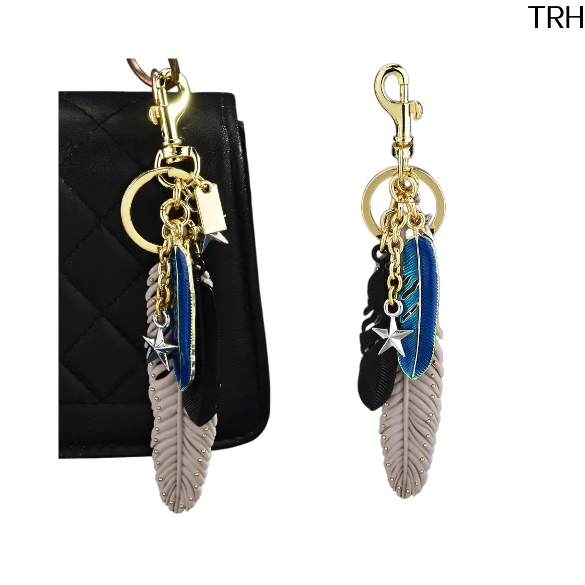 Vintage Multi Layer Feather Star Keychain for Women, Elegant Mixed Texture Feather Bag Charm with Swivel Lobster Clasp, Western Boho Purse Accessory Car Key Pendant Gift